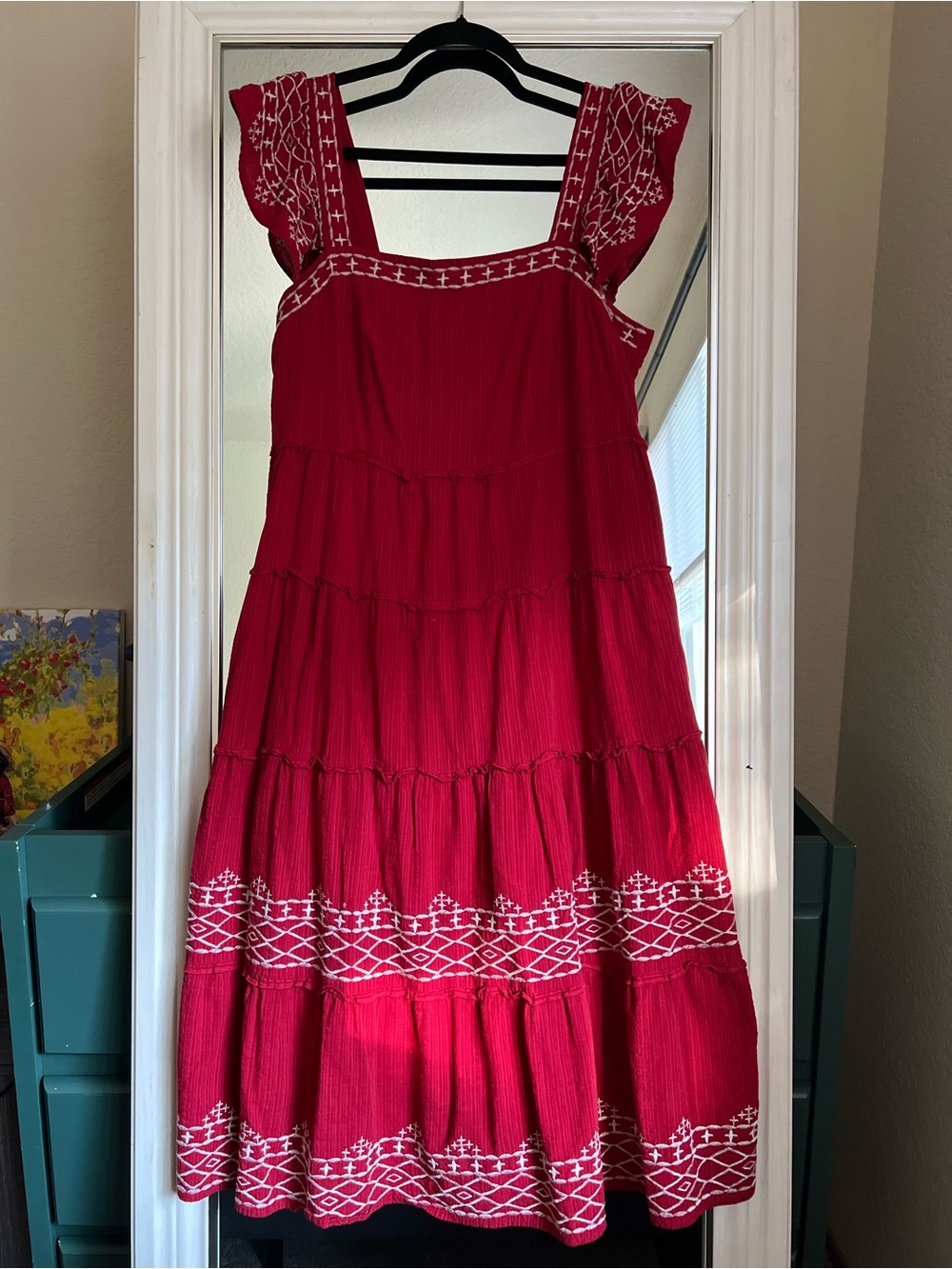 Knox Rose Women's Red Embroidered Tiered Sundress